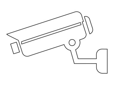 Beyaz arka planda izole edilmiş bir güvenlik kamerasının siyah çizgisi çizimi. Gözetleme ekipmanlarının basit grafik tasarımı. Yazdır, logo, işaret, tasarım ögesi, renklendirme sayfası
