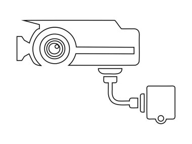 Beyaz arka planda izole edilmiş bir güvenlik kamerasının siyah çizgisi çizimi. Gözetleme ekipmanlarının basit grafik tasarımı. Yazdır, logo, işaret, tasarım ögesi, renklendirme sayfası
