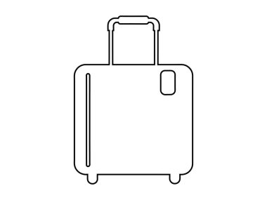 Beyaz arka planda izole edilmiş siyah bavul çizgisi. Tekerlekli bavul. Seyahat, turizm, tatil, iş gezileri ve bavul taşınabilirliği kavramı. Yazdır, tasarım ögesi
