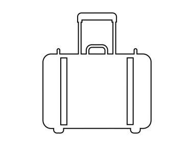 Beyaz arka planda izole edilmiş siyah bavul çizgisi. Tekerlekli bavul. Seyahat, turizm, tatil, iş gezileri ve bavul taşınabilirliği kavramı. Yazdır, tasarım ögesi