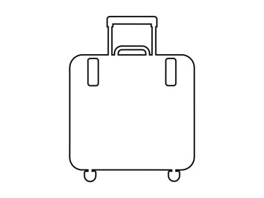 Beyaz arka planda izole edilmiş siyah bavul çizgisi. Tekerlekli bavul. Seyahat, turizm, tatil, iş gezileri ve bavul taşınabilirliği kavramı. Yazdır, tasarım ögesi