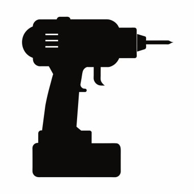 Beyaz arka planda izole edilmiş siyah bir matkap silueti. Elektrikli aletler kavramı illüstrasyon, minimalist stil, inşaat aleti. Yazdır, simge, logo, şablon, pictogram, tasarım elementi.