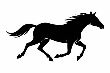 Beyaz arka planda izole edilmiş koşan bir atın siyah silueti. Vahşi hayvan çizimi kavramı, minimalist stil, dörtnala koşan at. Yazdır, simge, logo, şablon, pictogram, tasarım elementi