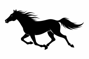 Beyaz arka planda izole edilmiş koşan bir atın siyah silueti. Vahşi hayvan çizimi kavramı, minimalist stil, dörtnala koşan at. Yazdır, simge, logo, şablon, pictogram, tasarım elementi