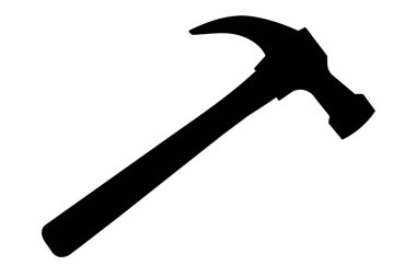 Beyaz arka planda izole edilmiş siyah bir çekiç silueti. Alet çizimi konsepti, minimalist stil, inşaat, ev geliştirme. baskı, simge, logo, şablon, pictogram, tasarım elementi.