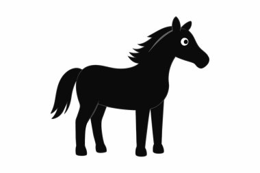 Beyaz arka planda izole edilmiş siyah bir atın silueti. Vahşi hayvan illüstrasyonu, minimalist stil, şirin bebek at ya da midilli. Tasarım için yazdır, simge, logo, şablon, element.
