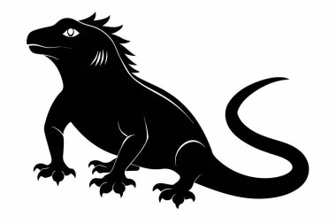 Beyaz arka planda izole edilmiş siyah bir iguana silueti. Sürüngen illüstrasyonu, minimalist stil, vahşi hayvan sanatı. Yazdır, simge, logo, şablon, pictogram, tasarım elementi