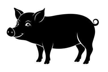 Beyaz arka planda izole edilmiş siyah bir domuzun silueti. Hayvan örnekleme, çiftlik hayvanı, minimalist tasarım, çiftlik hayvanları konsepti.