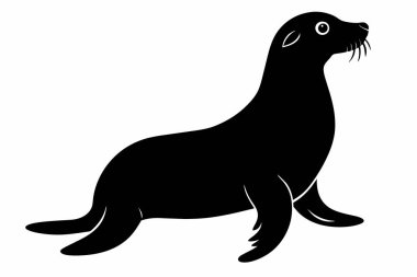 Beyaz arka planda izole edilmiş siyah bir fok silueti. Deniz hayvanı çizimi kavramı, minimalist stil, şirin yavru fok. Yazdır, simge, logo, şablon, pictogram, tasarım elementi.