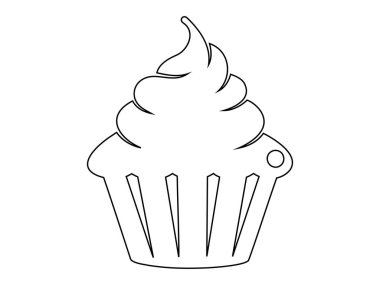 Kekin siyah çizgisi beyaz arka planda izole edilmiş. Minimalist grafik çizimi. Tatlı kavramı, pişirme, tatlı yemek. Simge, resim, şablon, işaret, logotype, baskı, tasarım ögesi