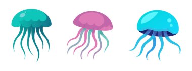 Beyaz arka planda izole edilmiş, akıcı dokunaçları olan bir denizanası seti. Pastel tonlarda okyanus karışımı. Okyanus hayvanları, deniz yaratıkları kavramı. Grafik sanatı. Yazdırma, simgeler, tasarım ögeleri