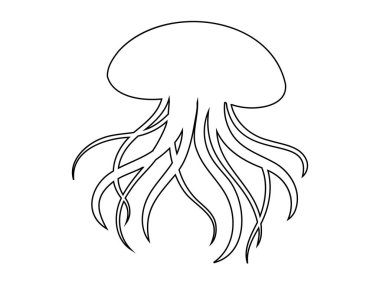 Akan dokunaçları olan denizanalarının siyah çizgileri. Beyaz arka planda izole edilmiş. Oceanic medusa. Okyanus hayvanı kavramı, deniz yaratığı. Grafik sanatı. Yazdırma, simge, tasarım ögesi, renklendirme sayfası