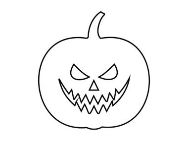 Cadılar Bayramı balkabağının siyah çizgisi. Tehditkar sırıtışıyla Jack-o-fener. Beyaz arka planda izole edilmiş. Cadılar Bayramı kavramı, şenlikli dekor, ürkütücü sembol. Yazdırma, tasarım ögesi, renklendirme sayfası