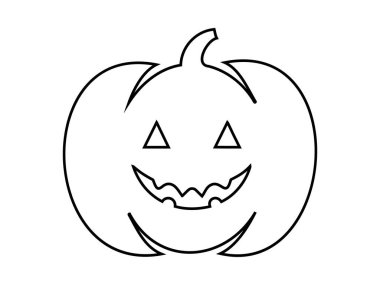 Gülen Cadılar Bayramı balkabağının siyah çizgisi. Dost canlısı Jack-o-Lantern. Beyaz arka planda izole edilmiş. Cadılar Bayramı konsepti, şenlikli dekor, sonbahar kutlaması. Yazdırma, tasarım ögesi, renklendirme sayfası