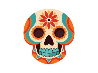 Ölüler Günü için çiçek desenli renkli şeker kafatası. Beyaz arka planda izole edilmiş. Dia de los Muertos kavramı, Cadılar Bayramı, kutlama, Meksika geleneği. Yazdır, tasarım ögesi