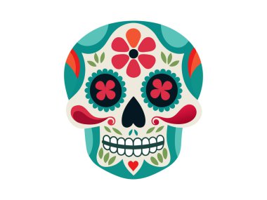 Ölüler Günü için çiçek desenli renkli şeker kafatası. Beyaz arka planda izole edilmiş. Dia de los Muertos kavramı, Cadılar Bayramı, kutlama, Meksika geleneği. Yazdır, tasarım ögesi