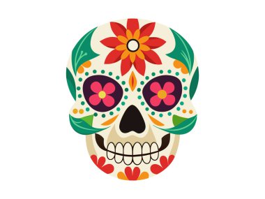 Ölüler Günü için çiçek desenli renkli şeker kafatası. Beyaz arka planda izole edilmiş. Dia de los Muertos kavramı, Cadılar Bayramı, kutlama, Meksika geleneği. Yazdır, tasarım ögesi