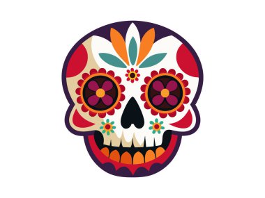 Ölüler Günü için çiçek desenli renkli şeker kafatası. Beyaz arka planda izole edilmiş. Dia de los Muertos kavramı, Cadılar Bayramı, kutlama, Meksika geleneği. Yazdır, tasarım ögesi