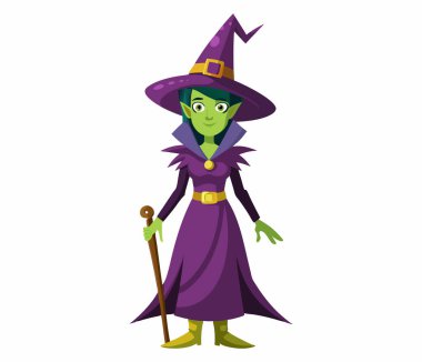 Beyaz arka planda izole edilmiş, sivri uçlu şapkalı ve cüppeli çizgi film cadısı. Cadılar Bayramı konsepti, fantezi, sihir, kadın karakter, büyücü, büyü ve cadılık. Yazdır, tasarım ögesi