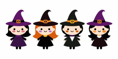 Beyaz Arkaplanda Renkli Şapkalı Sevimli Cadı Karakterleri, Cadılar Bayramı Konsepti, Kadın Büyüsü, Karakter İllüzyonu, Tuhaf Tarz. Yazdır, tasarım ögeleri.