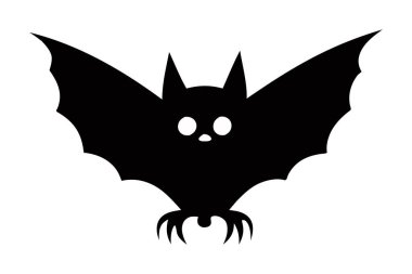 Beyaz arka planda izole edilmiş siyah bir yarasa silueti. Gece vahşi yaşam kavramı, Cadılar Bayramı sembolü, minimalist stil, gizemli yaratık. Yazdır, simge, tasarım ögesi.