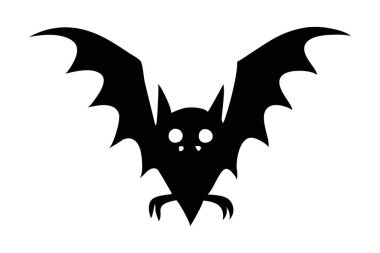 Beyaz arka planda izole edilmiş siyah bir yarasa silueti. Gece vahşi yaşam kavramı, Cadılar Bayramı sembolü, minimalist stil, gizemli yaratık. Yazdır, simge, tasarım ögesi.