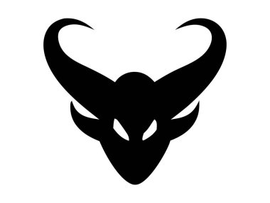 Beyaz bir arka planda izole edilmiş siyah bir şeytan yüzü. Boynuzlu şeytan kafası. Cadılar Bayramı kavramı, canavar, fantezi, minimalist tarz, vahşi, kötü. Yazdır, simge, tasarım ögesi.