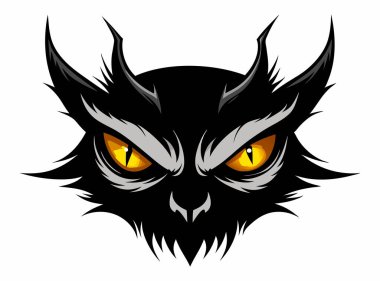 Sarı ve kara şeytan gözleri ve grafik tasarımlı alevler. İblisin ateşli gözleri. Cadılar Bayramı, kötülük, fantezi, canavar, korkunç konsept. Beyaz arka planda izole edilmiş. Yazdır, tasarım ögesi.