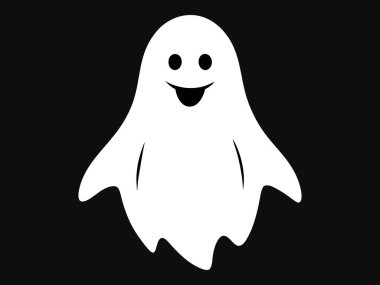 Beyaz hayalet silueti siyah bir arkaplanda izole edilmiş, Cadılar Bayramı konsepti, ürkütücü ruh, minimalist tarz, şirin hayalet illüstrasyonu, ikon, tasarım elementi.