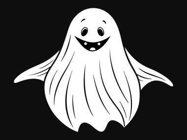 Beyaz hayalet silueti siyah bir arkaplanda izole edilmiş, Cadılar Bayramı konsepti, ürkütücü ruh, minimalist tarz, şirin hayalet illüstrasyonu, ikon, tasarım elementi.