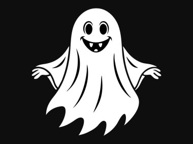 Beyaz hayalet silueti siyah bir arkaplanda izole edilmiş, Cadılar Bayramı konsepti, ürkütücü ruh, minimalist tarz, şirin hayalet illüstrasyonu, ikon, tasarım elementi.