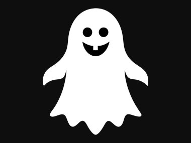 Beyaz hayalet silueti siyah bir arkaplanda izole edilmiş, Cadılar Bayramı konsepti, ürkütücü ruh, minimalist tarz, şirin hayalet illüstrasyonu, ikon, tasarım elementi.