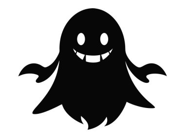 Beyaz arka planda izole edilmiş siyah bir hayalet silueti. Ürkütücü ruh kavramı, Cadılar Bayramı sembolü, minimalist tasarım, sevimli hayalet. Yazdır, simge, tasarım ögesi.