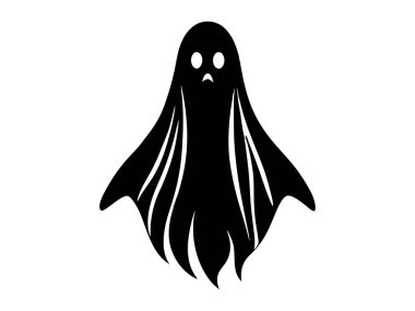 Beyaz arka planda izole edilmiş siyah bir hayalet silueti. Ürkütücü ruh kavramı, Cadılar Bayramı sembolü, minimalist tarz, ürkütücü görüntü. Yazdır, simge, tasarım ögesi.