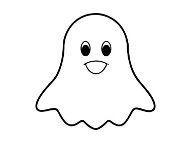 Beyaz arka planda izole edilmiş sevimli hayaletin siyah çizgisi. Ürkütücü ruh kavramı, Cadılar Bayramı sembolü, minimalist tasarım, sevimli hayalet. Yazdırma, simge, tasarım ögesi, renklendirme sayfası