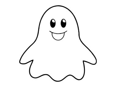 Beyaz arka planda izole edilmiş sevimli hayaletin siyah çizgisi. Ürkütücü ruh kavramı, Cadılar Bayramı sembolü, minimalist tasarım, sevimli hayalet. Yazdırma, simge, tasarım ögesi, renklendirme sayfası