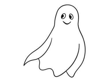 Beyaz arka planda izole edilmiş sevimli hayaletin siyah çizgisi. Ürkütücü ruh kavramı, Cadılar Bayramı sembolü, minimalist tasarım, sevimli hayalet. Yazdırma, simge, tasarım ögesi, renklendirme sayfası