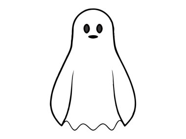 Beyaz arka planda izole edilmiş sevimli hayaletin siyah çizgisi. Ürkütücü ruh kavramı, Cadılar Bayramı sembolü, minimalist tasarım, sevimli hayalet. Yazdırma, simge, tasarım ögesi, renklendirme sayfası
