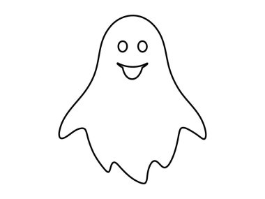 Beyaz arka planda izole edilmiş komik gülümseyen sevimli hayaletin siyah ana hatları. Ürkütücü ruh kavramı, Cadılar Bayramı sembolü, minimalist tasarım, sevimli hayalet. Yazdırma, simge, tasarım ögesi, renklendirme sayfası
