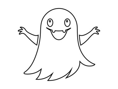 Beyaz arka planda izole edilmiş komik gülümseyen sevimli hayaletin siyah ana hatları. Ürkütücü ruh kavramı, Cadılar Bayramı sembolü, minimalist tasarım, sevimli hayalet. Yazdırma, simge, tasarım ögesi, renklendirme sayfası