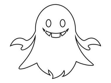 Beyaz arka planda izole edilmiş komik gülümseyen sevimli hayaletin siyah ana hatları. Ürkütücü ruh kavramı, Cadılar Bayramı sembolü, minimalist tasarım, sevimli hayalet. Yazdırma, simge, tasarım ögesi, renklendirme sayfası
