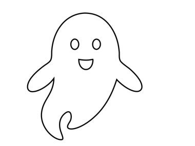 Beyaz arka planda izole edilmiş komik gülümseyen sevimli hayaletin siyah ana hatları. Ürkütücü ruh kavramı, Cadılar Bayramı sembolü, minimalist tasarım, sevimli hayalet. Yazdırma, simge, tasarım ögesi, renklendirme sayfası