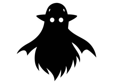 Beyaz arka planda izole edilmiş siyah hayalet silueti. Ürkütücü ruh kavramı, Cadılar Bayramı sembolü, minimalist tarz, ürkütücü hayalet, korku, kötü ruh. Yazdır, simge, tasarım ögesi