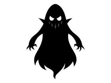 Beyaz arka planda izole edilmiş siyah hayalet silueti. Ürkütücü ruh kavramı, Cadılar Bayramı sembolü, minimalist tarz, ürkütücü hayalet, korku, kötü ruh. Yazdır, simge, tasarım ögesi