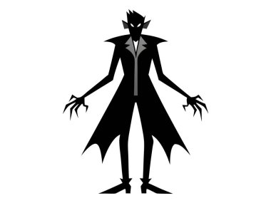 Beyaz arka planda izole edilmiş siyah bir vampir silueti. Gotik kurgu anlayışı, korku karakteri, minimalist tarz, ürkütücü Cadılar Bayramı.