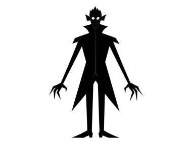 Beyaz arka planda izole edilmiş garip bir canavarın siyah silueti. Cadılar Bayramı canavarı kavramı, ürkütücü yaratık, minimalist tarz, fantezi ikonu. Yazdır, simge, tasarım ögesi.