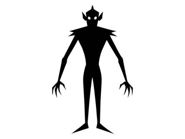 Beyaz arka planda izole edilmiş siyah bir canavarın silueti. Fantezi yaratığı kavramı, ürkütücü figür, minimalist tarz, Cadılar Bayramı ikonu. Yazdır, tasarım ögesi.