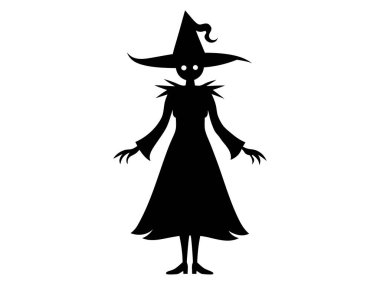 Beyaz arka planda izole edilmiş bir cadının siyah silueti. Cadılar Bayramı kavramı, sihir, ürkütücü karakter, cadılık sembolü. Yazdır, simge, tasarım ögesi.