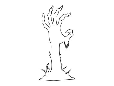 Beyaz arka planda izole edilmiş ürkütücü zombi elinin siyah çizgisi. Ürkütücü canavar eli. Korku kavramı, Cadılar Bayramı, ürpertici tasarım. Yazdırma, tasarım ögesi, boyama sayfası. Grafik sanatı