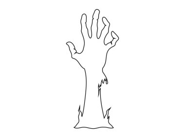 Beyaz arka planda izole edilmiş ürkütücü zombi elinin siyah çizgisi. Ürkütücü canavar eli. Korku kavramı, Cadılar Bayramı, ürpertici tasarım. Yazdırma, tasarım ögesi, boyama sayfası. Grafik sanatı